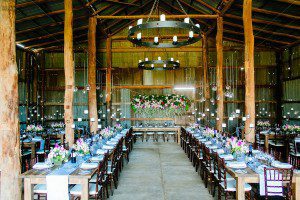 table settings for a wedding, flowers on table and large wooden tables with runners