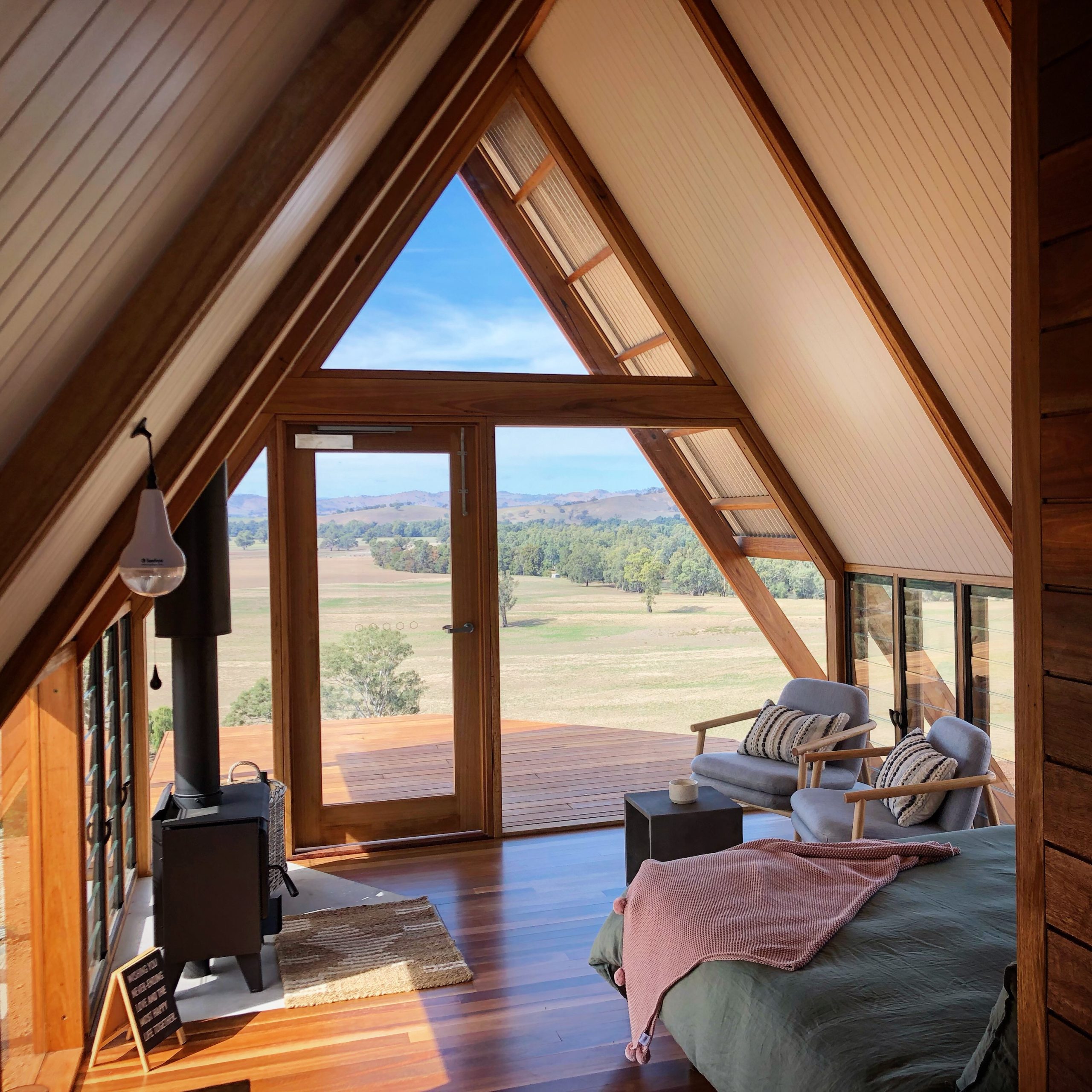 interior of Fergo's hut at Kimo Estate with beautiful vies of the Australian landscape