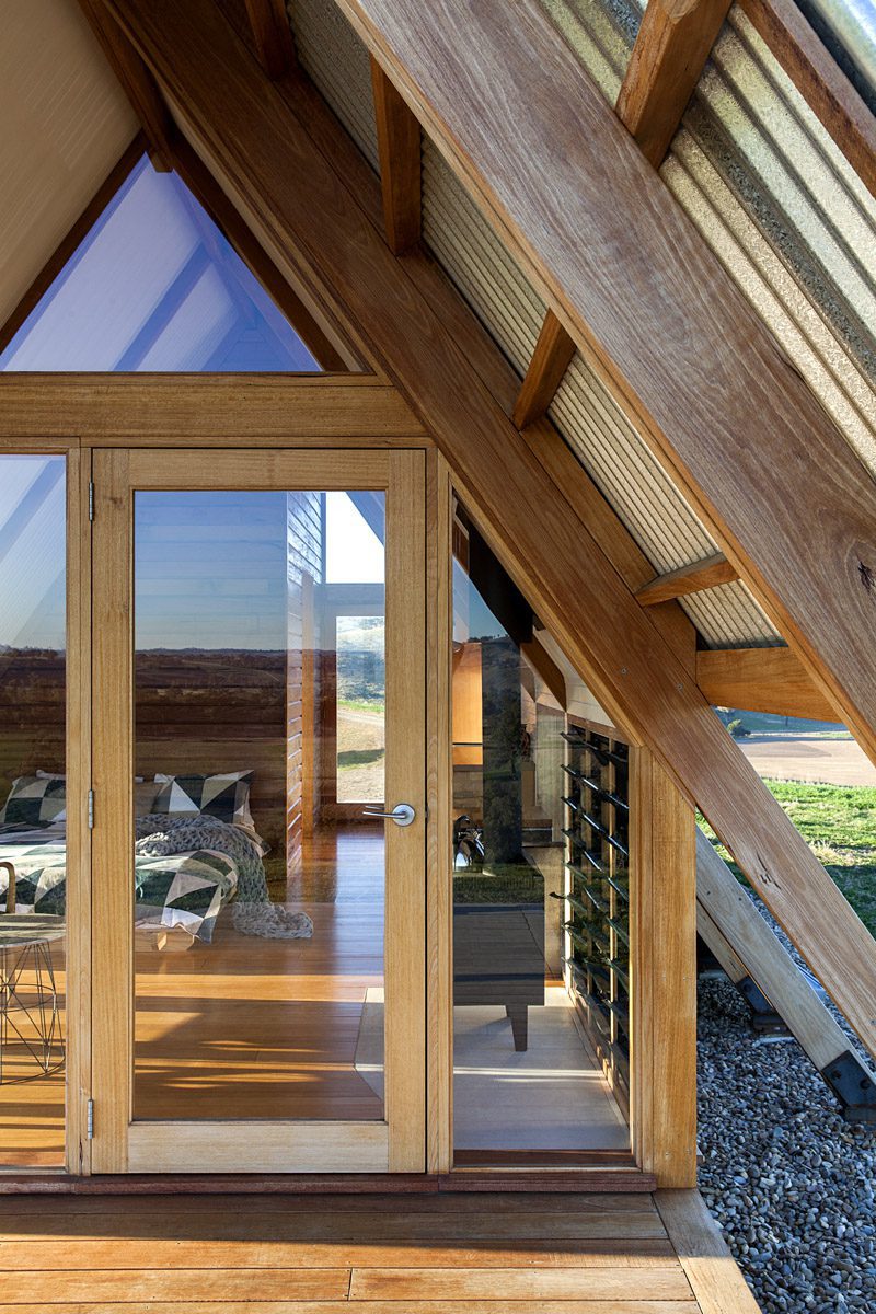 stunning timber work of the A-frame hut that is JR's hut providing accommodation to luxury travellers in Gundagai NSW