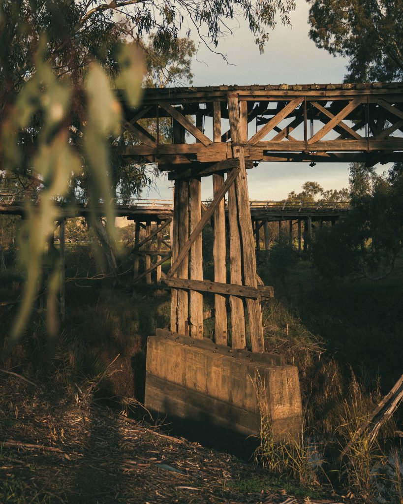 old timber rail bridge in the evening light